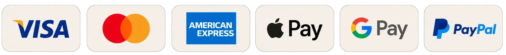 Visa, Mastercard, American Express, Apple Pay, Google Pay, PayPal